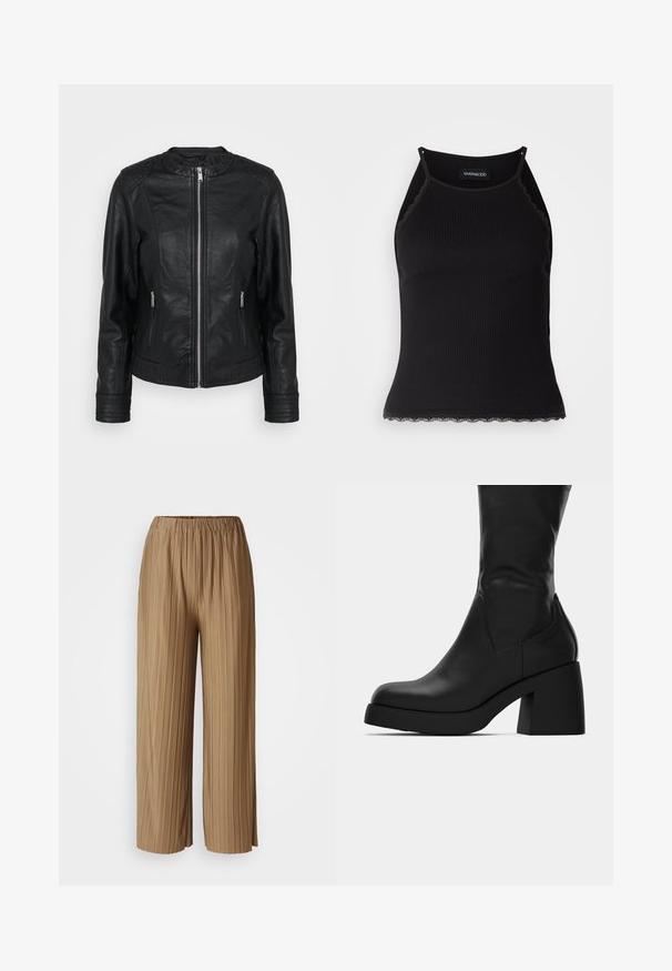Black leather jacket featuring a zip front, two front pockets with zippers, textured shoulder accents, and ribbed sleeve cuffs.; Black ribbed tank top with scalloped lace trim at the hem. Features thin straps and a fitted design. Made from stretchable fabric.; Brown pleated wide-leg trousers with an elastic waistband. Made of lightweight fabric, featuring vertical stripes for texture and flow.; Black mid-calf leather boot with chunky block heel and rounded toe, showing side profile on white background.