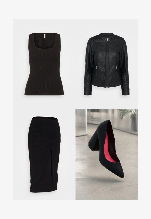 Črna usnjena jakna z zadrgo spredaj, dvema sprednjima žepoma z zadrgo, teksturiranimi ramenskimi akcenti in rebrastimi manšetami na rokavih.; Samsøe Samsøe AMANZA TANK - Top - black; Črna, nabrana svinčnik krilo z detajlom v obliki traku in stranskim razporkom. Narejeno iz raztegljive tkanine, ki se ponaša z gladko teksturo in oblikovanjem, ki se prilega telesu.; Črne visoke petke z nazobčanim prstom, teksturirano površino in živahnimi rožnatimi notranjimi deli. Imajo robustno peto z srebrnim akcentom.