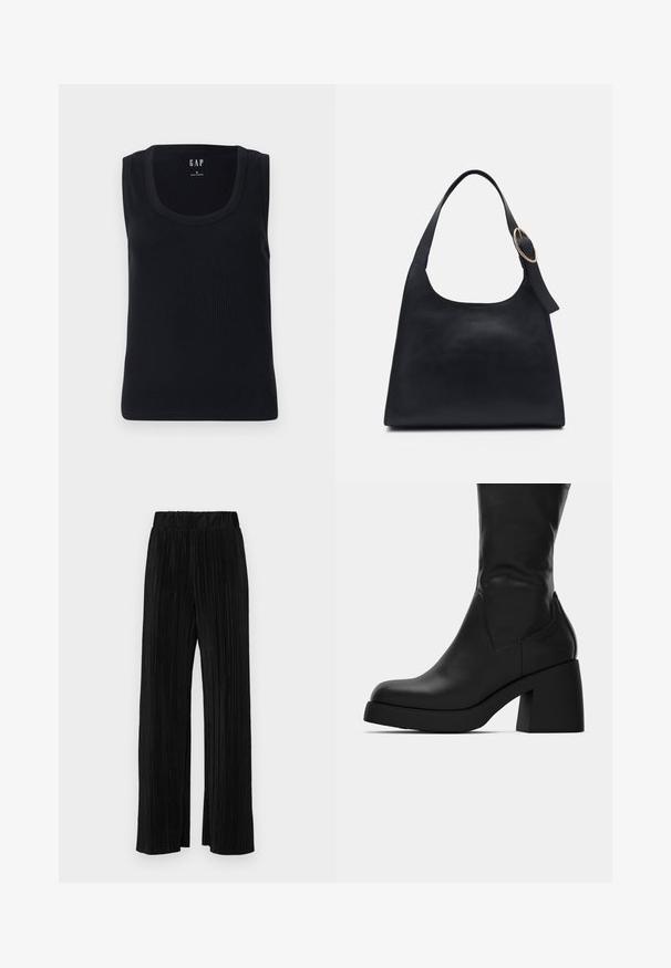 Zwarte leren jas met een ritssluiting aan de voorkant, twee voorzakken met ritsen, textuuraccenten op de schouders en geribbelde manchetten.; Zwarte geribde tanktop met een ronde halslijn, mouwloos ontwerp en een aansluitende silhoët. Etiket weergegeven in het midden bovenaan.; Zwarte geplooide broek met een elastische tailleband. Beschikt over wijde pijpen en een glad, gestructureerd stof met verticale strepen.; Zwarte leren laars tot halverwege de kuit met een dikke blokhak en een ronde neus, getoond in zijaanzicht op een witte achtergrond.; Zwarte leren tote bag met een gladde textuur, ronde vorm en een enkele schouderband met een ronde gouden hardware accent.