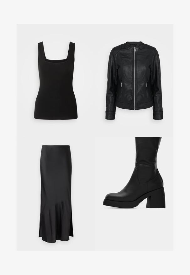 Chaqueta de cuero negra con cierre frontal, dos bolsillos delanteros con cremalleras, acentos texturizados en los hombros y puños de manga acanalados.; Top negro sin mangas con escote cuadrado, hecho de una tela suave; diseño ajustado sin patrones ni detalles metálicos.; Falda midi de satén negro con un diseño elegante, que presenta un ligero vuelo en el dobladillo y una abertura lateral para facilitar el movimiento. Textura suave.; Bota de cuero negra a media pantorrilla con tacón grueso y punta redonda, mostrando perfil lateral sobre fondo blanco.