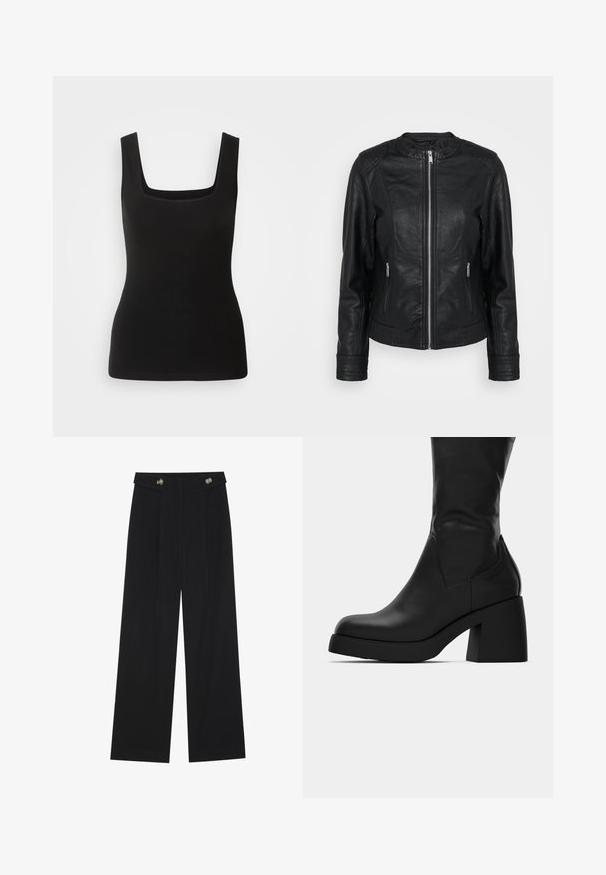 Sorte læderjakke med lynlås foran, to frontlommer med lynlås, teksturerede skulderdetaljer og ribbede ærmekanter.; Sort ærmeløs tanktop med firkantet halsudskæring, lavet af glat stof; tætsiddende design uden mønstre eller hardware-detaljer.; Sorte vide bukser med høj talje, knapdetaljer på taljebåndet og frontfald.; Sort læderstøvle til midt på læggen med kraftig blokhæl og rund tå, vist fra siden på hvid baggrund.