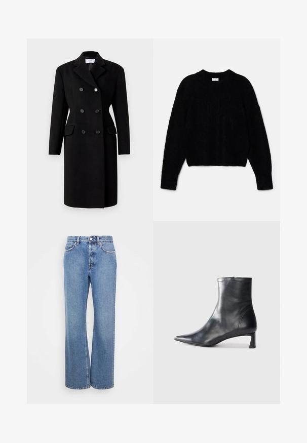 Must mustrimaalne must jakk, millel on struktuurne krae, kahe esipocketiga ja nupulukuga. Valmistatud villasegust materjalist.; Must beebi, mis on tehtud karvase materjali jaoks. Omab ümarat kaelust ja pikki varrukaid, millel on pehme tekstuur. Minimalistlik disain, ilma mustriteta.; Heledad kõrge vöökohaga teksad, kerge pesuga, sirge ja laia säärega. Omavad klassikalist denimist õmblust ja viit taskut. Sile tekstuur.; Mustad mustall nahkasaabas terava nina ja stiilse disainiga. Omab madalat konts ja luku sulgemist taga. Sile tekstuur.