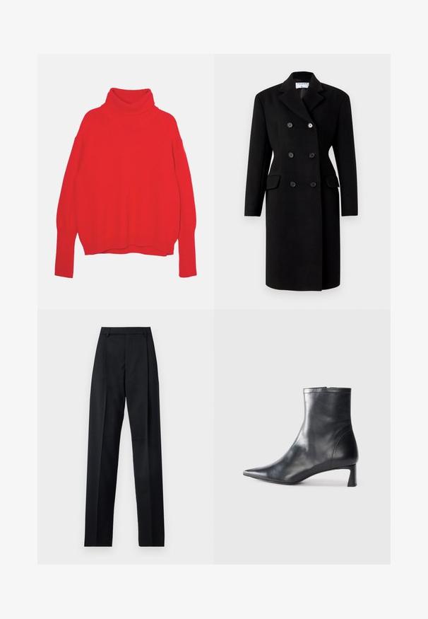 Crni dvostruko kopčani kaput sa strukturiranim ovratnikom, s dvije prednje džepove i kopčama na gumb. Izrađen od vune mješavine.; Crvena pletena turtleneck džemper s opuštenim krojem, dugim rukavima, rebrastim manžetama i donjim dijelom. Glatka tekstura i čvrsta boja kroz cijeli komad.; Crne hlače od glatkog materijala s visokim strukom, širokim nogavicama, prednjim pregibima i klasičnim petljama za remen. Nema vidljivih bočnih džepova.; Crne kožne gležnjače s uskim vrhom i elegantnim dizajnom. Imaju niski potpetak i zatvaranje na patentni zatvarač straga. Glatka tekstura.