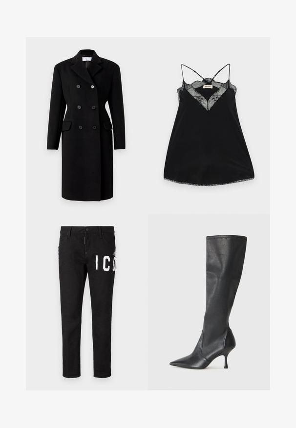 Zwarte double-breasted jas met een gestructureerde kraag, voorzien van twee voorzakken en knoopsluitingen. Gemaakt van een wolmix.; Zwarte camisole met verstelbare bandjes, met een kanten V-hals en golvende randen. Gladde stof met een lichte glans.; Zwarte spijkerbroek van denim met een slim fit. Beschikt over witte grafische tekst op de voorkant, vijf zakken en een knoopsluiting. Soepele textuur.; Kniehoge zwarte leren laarzen met een spitse neus en een slanke stilettohak. Glad textuur met een aansluitend ontwerp en stiksels aan de bovenrand.