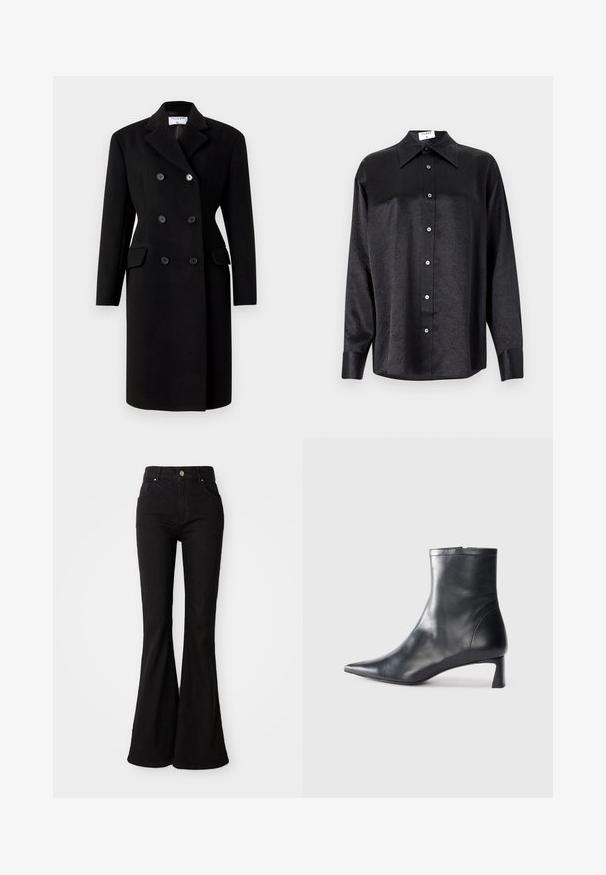Schwarzer Doppelreiher-Mantel mit strukturiertem Kragen, der zwei Vorderasche und knöpfbare Verschlüsse aufweist. Hergestellt aus einem Wollmischgewebe.; Schwarzes Langarmhemd mit kragenförmigem Halsausschnitt, mit einem zerknitterten Textur, voller Knopfleiste und Manschetten. Hergestellt aus einem glatten Stoff.; Schwarze Schlagjeans aus Denim, mit hoher Taille, Knopfverschluss und klassischem Fünf-Taschen-Design. Glatte Textur und einheitliche Farbe.; Schwarze Lederstiefelette mit spitzer Zehe und schlankem Design. Verfügt über einen niedrigen Absatz und einen Reißverschluss hinten. Glatte Textur.