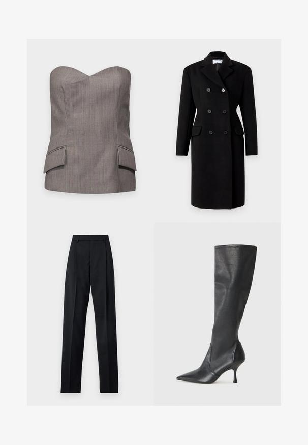 Must mustrimaalne must jakk, millel on struktuurne krae, kahe esipocketiga ja nupulukuga. Valmistatud villasegust materjalist.; Hallidehallast pehme tipp, millel on struktureeritud disain, sisaldab diskreetseid vertikaalseid triibusid ning kahte esist pocketit õmmeldud aktsentidega.; Mustad püksid siledast kangast, millel on kõrge vöökoht, laiad jalad, esimesed kortsud ja klassikalised vööloopid. Küljepockets pole nähtavad.; Knee-high mustad nahksaapad terava nina ja kitsaste stiilsete kontsadega. Sile tekstuur sobiva disainiga ja õmblused ülemisel serval.
