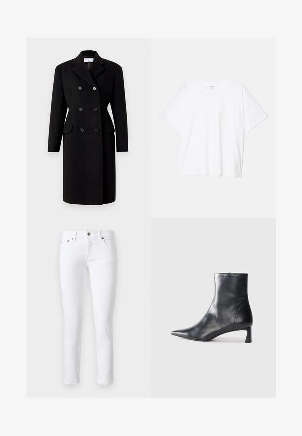Mustat kaksiriviset takki, jossa on rakenteellinen kaulus, kaksi etutaskua ja nappikiinnitys. Valmistettu villasekoitekankaasta.; Valkoinen puuvillapaita lyhyillä hihoilla, pyöreällä pääntiellä, rentoa tyyliä ja ommeltu helma. Tunniste näkyvissä sisäkauluksessa.; Valkoiset farkut slim fit -mallissa, viisi taskua, napitus ja huomaamaton yhtenäistikkaukset etu- ja takataskuissa.; Musta nahkainen nilkkabotti, jossa on teräväkärkinen muotoilu ja tyylikäs design. Varusteena matala korko ja takana vetoketjukiinnitys. Sileä pinta.