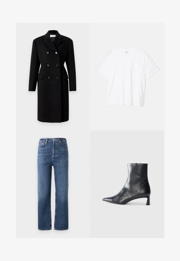 Fekete, dupla soros kabát, strukturált gallérral, két elülső zsebbel és gombos záródással. Gyapjúkeverékből készült.; Fehér pamut póló rövid ujjal, kerek nyakkivágással, laza fazonnal és varrott szegéllyel. Címke látható a belső nyakrészén.; Magasan szabott kék farmernadrág denim anyagból, egyenes szárú kivitelben, öt zsebbel és réz színű részletekkel. Simább textúra és klasszikus dizájn.; Fekete bőr bokacsizma hegyes orral és letisztult dizájnnal. Alacsony sarka és hátsó cipzáras záródása van. Simának tűnő textúra.