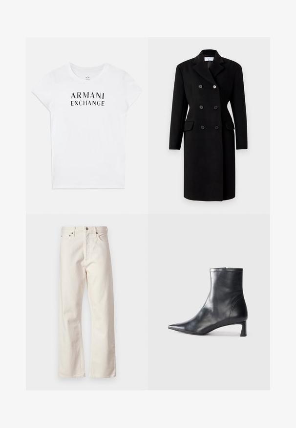 Crni dvostruko kopčani kaput sa strukturiranim ovratnikom, s dvije prednje džepove i kopčama na gumb. Izrađen od vune mješavine.; Bijela pamučna majica s crnim logom "ARMANI EXCHANGE" na prsima. Kratki rukavi i okrugli izrez. Glatka tekstura.; Bijele traperice s pravim krojem, s klasičnim dizajnom s pet džepova, metalnim kopčanjem i suptilnom teksturom.; Crne kožne gležnjače s uskim vrhom i elegantnim dizajnom. Imaju niski potpetak i zatvaranje na patentni zatvarač straga. Glatka tekstura.