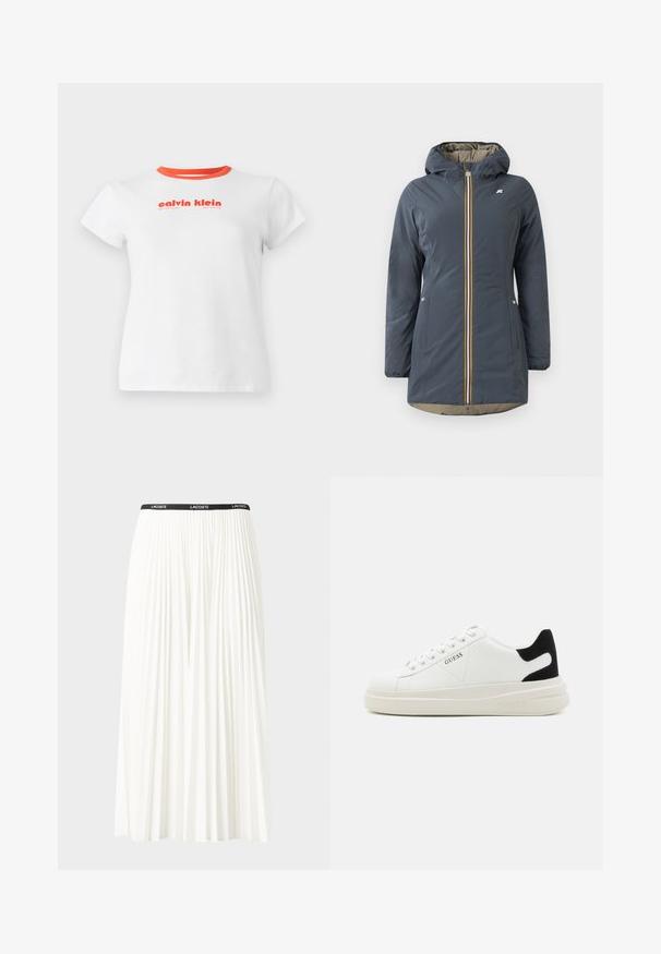 Tamsiai mėlynas izoliacinis džemperis su kapišonu, priekinėmis užtrauktuku ir spalvingu dryžuotu akcentu. Priemonė turi šonines kišenes ir smėlio spalvos pamušalą.; Balta medvilninė marškinėliai su raudonu apykakle ir spausdintu tekstu ryškiai raudona spalva. Trumpomis rankovėmis ir standartinio dydžio dizainu.; Pleated balta sijonas su juodu elastiniu juosmeniu, ant kurio yra "LACOSTE" logotipas. Vidutinio ilgio dizainas su švelnia tekstūra.; Baltos odinės sportbačiai su storu baltu padu, juodu nubuko kulno akcentu ir iškilmingu logotipu šone. Su raišteliais, turinčiais šešis akinius.