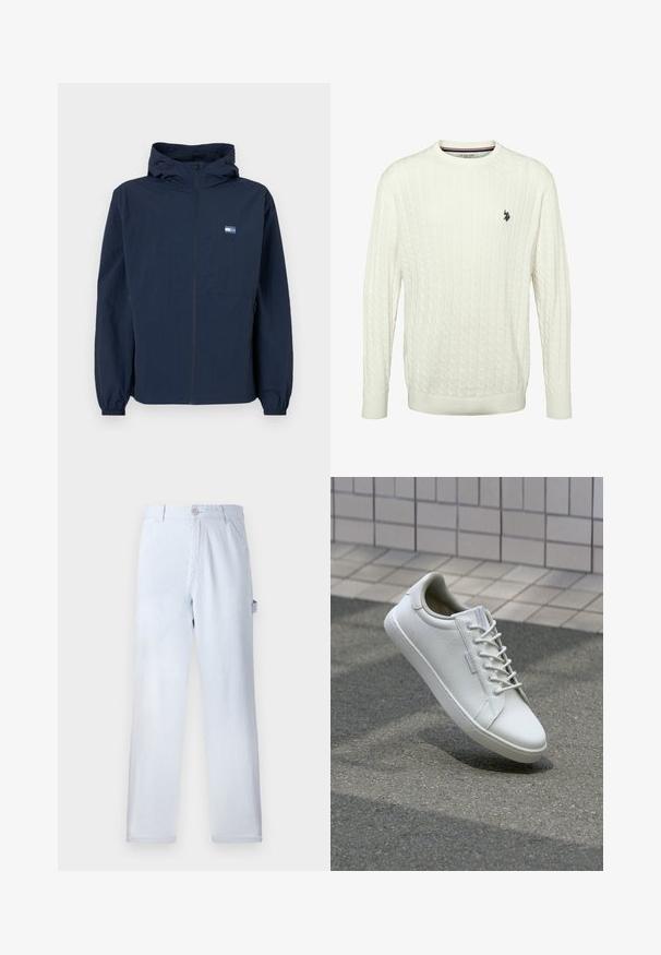 Tums zilā kapuce ar priekšējo rāvējslēdzēju, elastīgām piedurknēm, sānu kabatām un mazu taisnstūra logo kreisajā krūtī.; Balts kabeladījuma džemperis ar ribotu apkakli un piedurknēm. Kreisajā pusē ir neliels melns izšūts simbols. Strukturēta auduma.; Gaiši zilu svītru bikses, kas izgatavotas no kokvilnas. Tiešā kāja, ar priekšējo pogu aizdari un sānu kabatām. Mīksta tekstūra.; Balti sporta apavi, izgatavoti no teksturētas ādas, ar šņorēšanu priekšpusē, izturīgu gumijas zolīti un minimālistisku dizainu ar nostiprinātu purngalu.