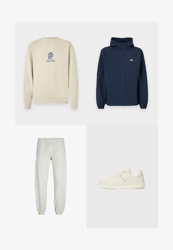 Giacca con cappuccio blu navy con zip frontale, polsini elastici, tasche laterali e piccolo logo rettangolare sul lato sinistro del petto.; Felpa beige in cotone, con scollo rotondo, polsini e orlo a costine, con stampa del logo blu sul petto.; Pantaloni tuta bianchi realizzati in tessuto morbido, dotati di vita e polsini elastici, con una texture liscia e una vestibilità ampia.; Sneaker color crema con dettagli perforati, lacci e logo sul lato, esposta su uno sfondo bianco semplice.