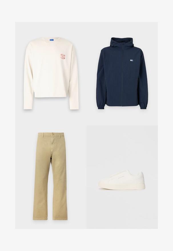 Navy blue hooded jacket with front zipper, elastic cuffs, side pockets, and small rectangular logo on left chest.; Long-sleeve cream cotton t-shirt with a cropped design, featuring a pink graphic logo on the left chest and a classic crew neckline.; Light beige chinos with straight leg design. Made from soft cotton fabric, featuring a front button closure and side pockets.; White slip-on sneakers with a textured surface, a thick sole, and minimalistic design. Features brand logo on the side.