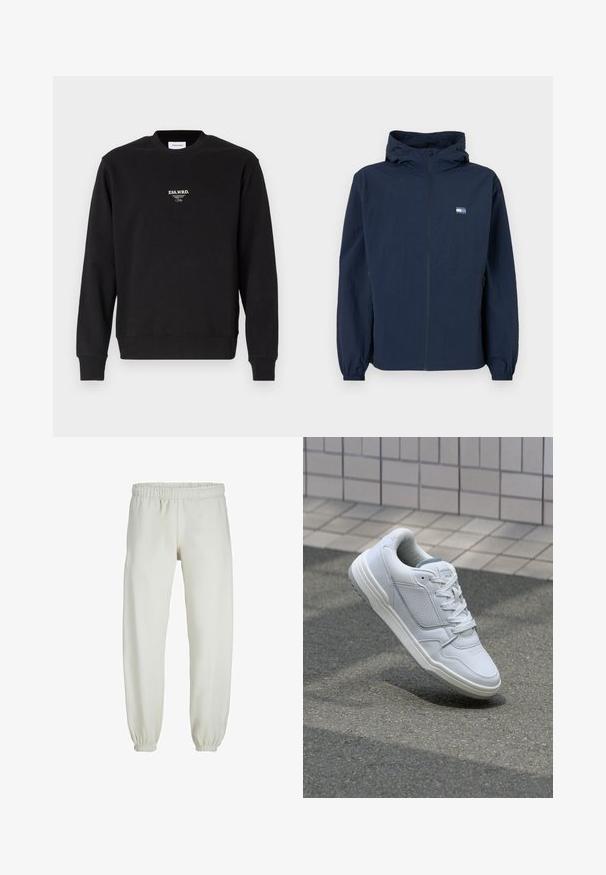Giacca con cappuccio blu navy con zip frontale, polsini elastici, tasche laterali e piccolo logo rettangolare sul lato sinistro del petto.; Felpa nera in misto cotone, con colletto rotondo, polsini a coste e una piccola scritta bianca sul petto. Texture liscia.; Pantaloni tuta bianchi realizzati in tessuto morbido, dotati di vita e polsini elastici, con una texture liscia e una vestibilità ampia.; Sneaker bianca in pelle con lati perforati, accenti testurizzati, lacci piatti e tallone grigio a contrasto. Presenta una suola leggermente elevata.