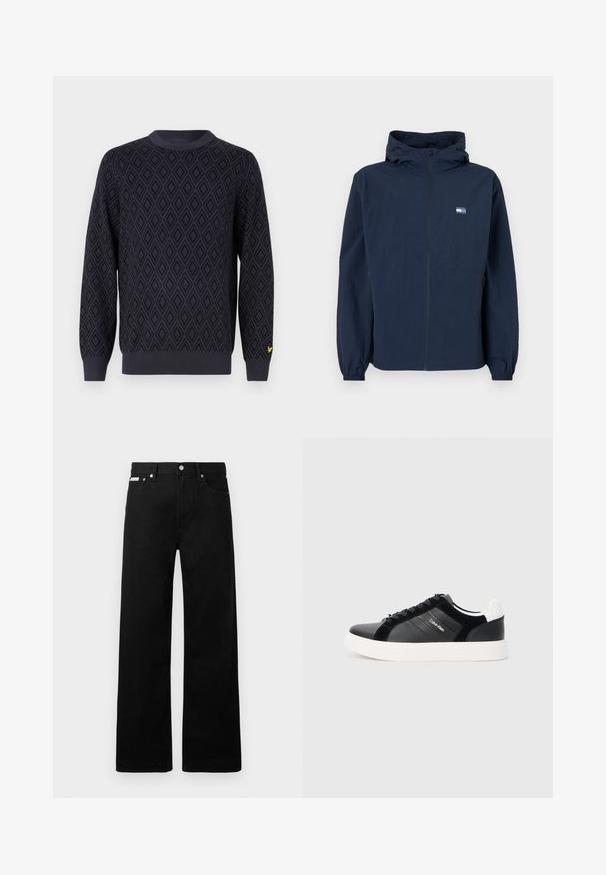Sötétkék kapucnis dzseki elülső cipzárral, rugalmas mandzsettákkal, oldalsó zsebekkel és kis téglalap alakú logóval a bal mellrészen.; Kék kötött pulóver, gyémánt mintával, kerek nyakkivágással, bordázott mandzsettákkal és aljjal, bal karján pedig egy kis sárga logóval.; Fekete farmernadrág széles szabással, öt zsebbel és fém gombos díszítéssel. Sima felület, látható minták nélkül.; Fekete sportcipő fényes bőr és velúr panelekből, fehér talppal és fekete fűzőkkel. Az oldalon logó található, valamint eltérő színű sarokrész díszíti.