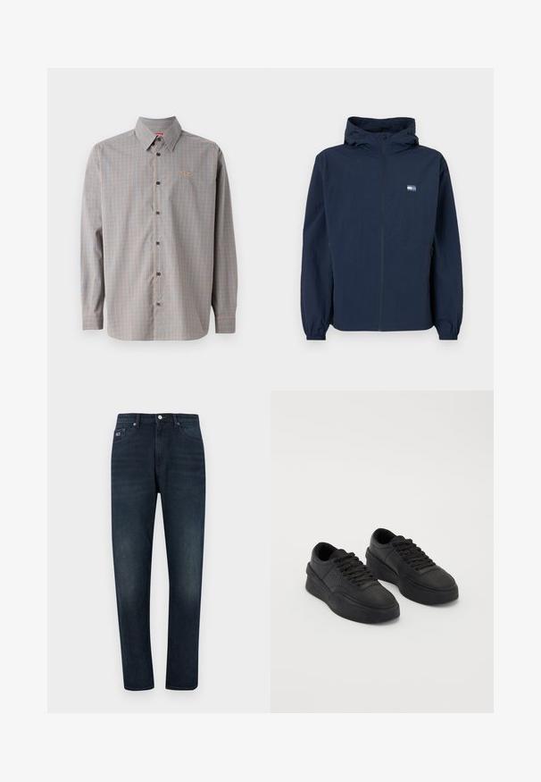 Giacca con cappuccio blu navy con zip frontale, polsini elastici, tasche laterali e piccolo logo rettangolare sul lato sinistro del petto.; Camicia button-up a quadri blu e arancione, maniche lunghe, con colletto a punta e un piccolo logo nella zona della tasca sul petto.; Jeans in denim blu scuro con un taglio classico, dotati di zip, cinque tasche e una piccola etichetta con logo sulla tasca anteriore sinistra.; Un paio di sneakers nere basse con piattaforma, lacci, suole spesse e dettagli perforati nella zona delle dita su uno sfondo semplice.