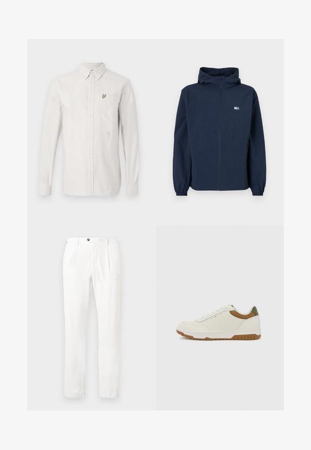 Chaqueta con capucha de color azul marino, con cremallera frontal, puños elásticos, bolsillos laterales y un pequeño logotipo rectangular en el lado izquierdo del pecho.; Camisa blanca de algodón de manga larga. Presenta un pequeño logo de pájaro bordado en verde en el bolsillo izquierdo del pecho.; Pantalones blancos con un frente plano, dos pinzas y cierre de botón. Están hechos de una tela ligera, cuentan con piernas rectas y puños enrollados.; Tommy Hilfiger BASKET CORE - Zapatillas - ecru/army green