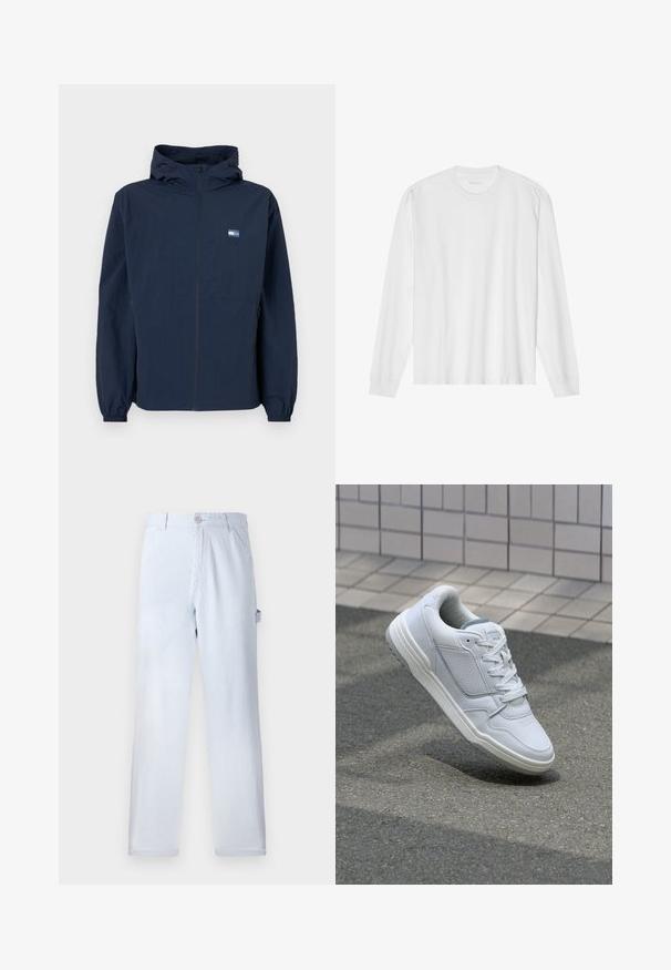 Tamsiai mėlyna striukė su kapišonu, priekyje su užtrauktuku, elastinėmis rankovėmis, šoninėmis kišenėmis ir mažu stačiakampiu logotipu kairėje krūtinės pusėje.; Ilgos rankovės baltas medvilnės marškinėliai su apvaliu kaklu ir raukšlėtomis rankovėmis. Paprastas, be puošmenų dizainas, turintis lygią tekstūrą ir standartinę prigludimą.; Šviesiai mėlyni dryžuoti kelnių pagaminti iš medvilnės. Tiesaus kirpimo dizainas su priekinio mygtuko uždarymu ir šoninėmis kišenėmis. Minkšta tekstūra.; Baltos odinės sportinės bateliai su perforuotais šonais, tekstūruotais akcentais, plokščiomis raištelėmis ir kontrastingu pilku kulnu. Yra šiek tiek pakelti padas.