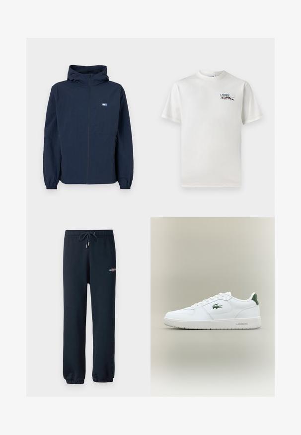 Mørkeblå hettejakke med frontglidelås, elastiske mansjetter, sidelommer, og lite rektangulært logo på venstre bryst.; Hvit bomull T-skjorte med rund hals, korte ermer, og en liten brodert logo med fjell og tekst på venstre bryst.; Marineblå joggebukser laget av myk bomullsmiks, med elastisk midjebånd og snøring samt innsvingte mansjetter; liten logo på låret.; Hvite skinnsneakers med en glatt finish, grønne detaljer på hælen og en grønn logo på siden. Inkluderer flat såle og rund tå.
