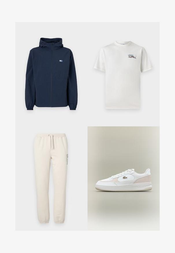 Námořnický modrý kabriolet s předním zipem, elastickými manžetami, postranními kapsami a malým obdélníkovým logem na levém prsu.; Bílá bavlněná tričko s kulatým výstřihem, krátkými rukávy a malým vyšitým logem zobrazujícím hory a text na levé straně hrudi.; Béžové teplákové kalhoty vyrobené z měkké bavlny, s elastickým pasem na šňůrku, žebrovanými manžetami a potištěným designem na boku.; Bílé tenisky s hladkým koženým svrškem, semišovými doplňky a gumovou podrážkou. Obsahují embosované logo a šněrovací design. Minimalistická estetika.