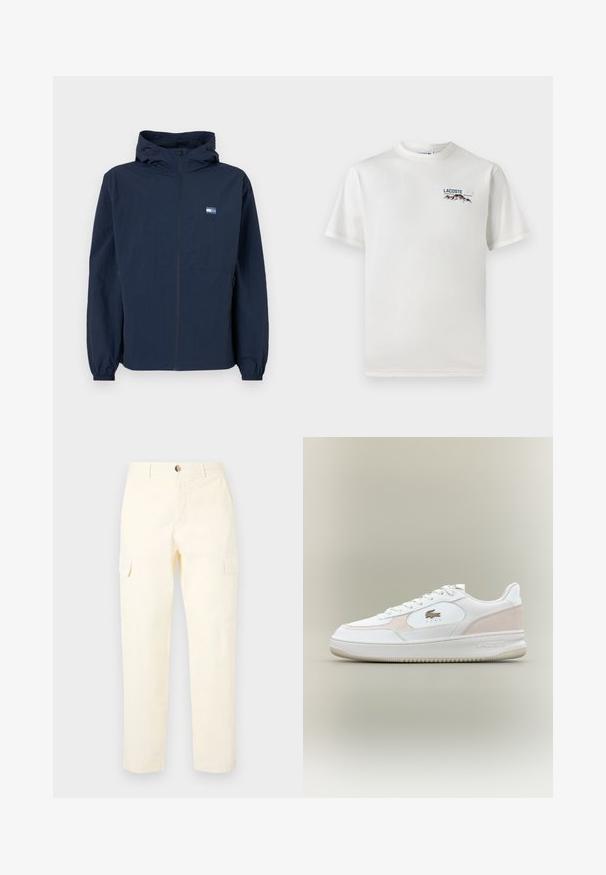 Tamno plava dukserica s kapuljačom, prednjim patentnim zatvaračem, elastičnim manžetama, bočnim dzepovima i malim pravokutnim logom na lijevoj prsnoj strani.; Bijela pamučna majica s okruglim izrezom, kratkim rukavima i malim izvezenim logotipom koji prikazuje planine i tekst na lijevoj strani grudi.; Svijetlo žuti cargo hlače od pamučne tkanine, s bočnim džepovima i ravnim krojem, s kopčanjem na dugme u struku.; Bijele tenisice s glatkom kožnom gornjom stranom, akcentima od antilopa i gumeni potplat. Sadrže istisnuti logo i dizajn s vezicama. Minimalistički estetski.