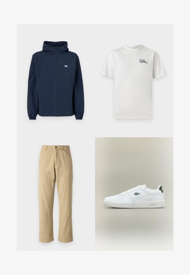 Tamsiai mėlyna striukė su kapišonu, priekyje su užtrauktuku, elastinėmis rankovėmis, šoninėmis kišenėmis ir mažu stačiakampiu logotipu kairėje krūtinės pusėje.; Baltas medvilninis marškinėliai su apykakle, trumpomis rankovėmis ir mažas siuvinėtas logotipas, vaizduojantis kalnus ir tekstą ant kairiojo krūtinės.; Chaki spalvos cargo kelnės, pagamintos iš medvilnės, laisvu pasėdėjimu, su dviem šoniniais užtrauktukais ir matomomis siuvimo detalėmis.; Balti odiniai sportbačiai su lygiu paviršiumi, žaliais akcentais ant kulno ir žalia logotipu šone. Siūlo plokščią pado struktūrą ir apvalią nosį.