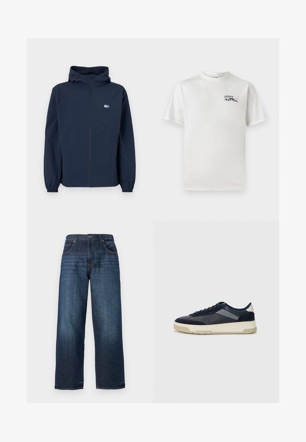 Tamsiai mėlyna striukė su kapišonu, priekyje su užtrauktuku, elastinėmis rankovėmis, šoninėmis kišenėmis ir mažu stačiakampiu logotipu kairėje krūtinės pusėje.; Baltas medvilninis marškinėliai su apykakle, trumpomis rankovėmis ir mažas siuvinėtas logotipas, vaizduojantis kalnus ir tekstą ant kairiojo krūtinės.; Tamsiai mėlyni džinsai su tiesių kojų dizainu, matomu siuvimu, penkiomis kišenėmis ir mygtukiniu uždarymu juosmens srityje. Lygus paviršius.; BOSS BALTIMORE - Sportbačiai - open blue