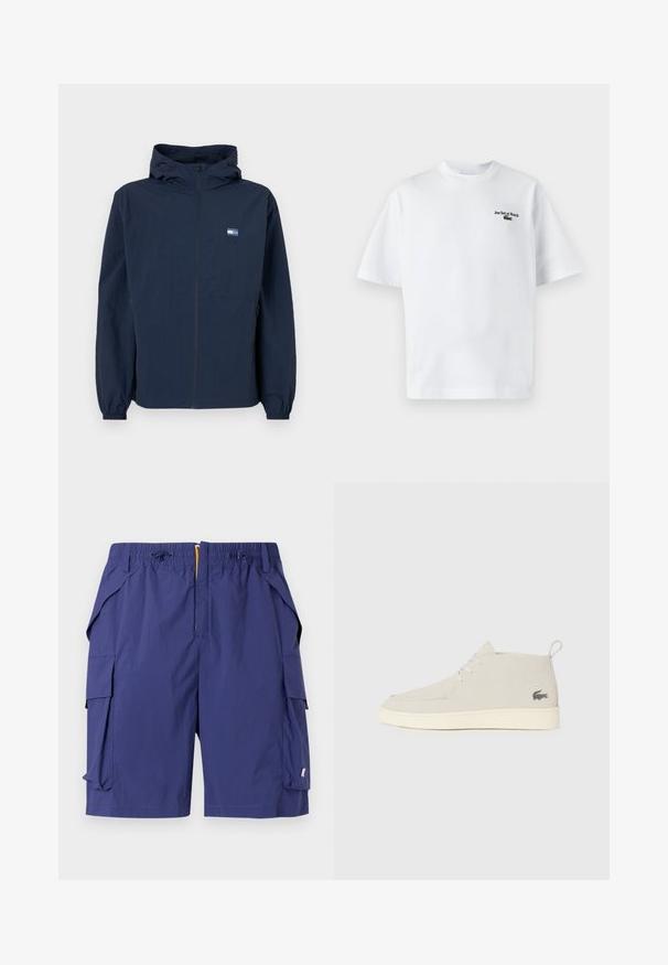 Tummansininen huppari, jossa on edessä vetoketju, elastiset hihansuut, sivutaskut ja pieni suorakulmainen logo vasemmassa rinnassa.; Valkoinen puuvillainen t-paita lyhyillä hihoilla, jossa on "Jeu Set et Match" -teksti ja pieni vihreä logo vasemmassa rinnassa. Klassinen malli.; Navy blue cargo shorts, valmistettu kevyestä kankaasta, jossa on joustava vyötärö, useita sivutaskuja ja sileä, teksturoitu pinta.; Vaaleanharmaat mokkanahkakengät nilkkapituisina, joissa on pyöreä kärki, valkoinen kumipohja ja hillitty logotyyli sivussa. Varustettu nauhakiinnityksellä.