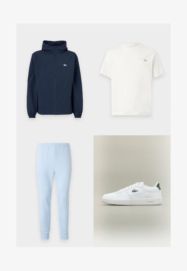 Námornícky modrá mikina s kapucňou, so zipsom na prednej strane, elastickými manžetami, bočnými vreckami a malým obdĺžnikovým logom na ľavej hrudi.; Biela bavlnená tričkovo s krátkymi rukávmi, s jemne vyšitým logom a minimalistickým dizajnom. Mäkká textúra, okrúhly výstrih.; Svetlo modré teplákové nohavice vyrobené z jemnej látky, s elastickým pásom a zúženými manžetami. Bez viditeľných vzorov alebo kovových akcentov.; Biele kožené tenisky s hladkým povrchom, zelenými akcentami na päte a zeleným logom na boku. Majú plochú podrážku a okrúly špičku.