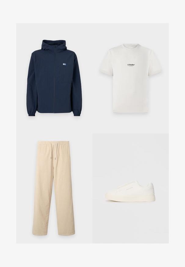 Casaco com capuz azul-marinho, com fecho à frente, punhos elásticos, bolsos laterais e um pequeno logótipo retangular no lado esquerdo do peito.; T-shirt de algodão branca com mangas curtas, apresentando um logótipo preto "JJ Studios" no peito. Design de gola redonda e ajuste padrão.; Calças de corduroy bege com cintura elástica e cordão, apresentando pernas largas e textura ribada vertical.; Sapatilhas brancas de atacar com uma superfície texturizada, sola grossa e design minimalista. Possui o logo da marca na lateral.