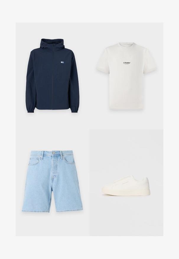 Casaco com capuz azul-marinho, com fecho à frente, punhos elásticos, bolsos laterais e um pequeno logótipo retangular no lado esquerdo do peito.; T-shirt de algodão branca com mangas curtas, apresentando um logótipo preto "JJ Studios" no peito. Design de gola redonda e ajuste padrão.; Shorts de denim azul claro com um corte clássico, cinco bolsos, fecho com botão e bainha costurada. Tecido durável com uma textura suave.; Sapatilhas brancas de atacar com uma superfície texturizada, sola grossa e design minimalista. Possui o logo da marca na lateral.