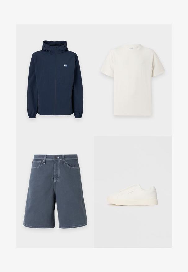 Námořnický modrý kabriolet s předním zipem, elastickými manžetami, postranními kapsami a malým obdélníkovým logem na levém prsu.; Bílý krátký rukáv tričko s pružnou strukturou. Kulatý výstřih, volný střih, bez viditelných vzorů nebo detailů. Jednoduchý a univerzální design.; Tmavě modré bavlněné kraťasy s bílým prošitím, pěti kapsami a knoflíkovým zapínáním v pase. Rovný střih, minimální detaily.; Bílé slip-on tenisky s texturovaným povrchem, silnou podešví a minimalistickým designem. Na boku je umístěno logo značky.
