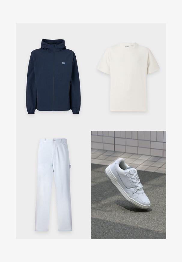 Giacca con cappuccio blu navy con zip frontale, polsini elastici, tasche laterali e piccolo logo rettangolare sul lato sinistro del petto.; T-shirt bianca a maniche corte in texture a coste. Girocollo, vestibilità rilassata, senza modelli o accenti visibili. Design semplice e versatile.; Pantaloni a righe blu chiaro realizzati in cotone. Design a gamba dritta, con chiusura frontale a bottone e tasche laterali. Texture morbida.; Sneaker bianca in pelle con lati perforati, accenti testurizzati, lacci piatti e tallone grigio a contrasto. Presenta una suola leggermente elevata.