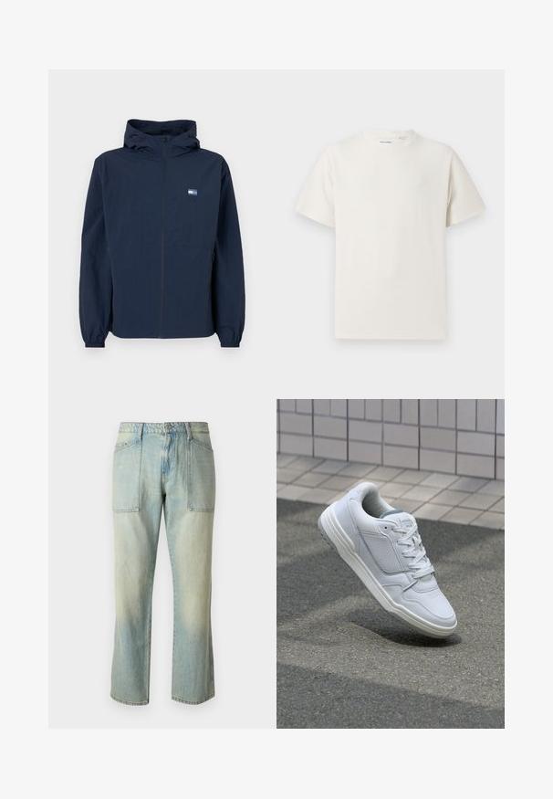 Giacca con cappuccio blu navy con zip frontale, polsini elastici, tasche laterali e piccolo logo rettangolare sul lato sinistro del petto.; T-shirt bianca a maniche corte in texture a coste. Girocollo, vestibilità rilassata, senza modelli o accenti visibili. Design semplice e versatile.; Jeans in denim azzurro chiaro con taglio dritto, cuciture visibili e due ampie tasche frontali. Il tessuto ha una texture sbiadita.; Sneaker bianca in pelle con lati perforati, accenti testurizzati, lacci piatti e tallone grigio a contrasto. Presenta una suola leggermente elevata.