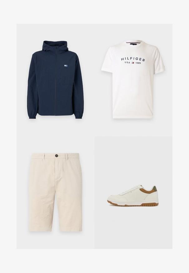 Námornícky modrá mikina s kapucňou, so zipsom na prednej strane, elastickými manžetami, bočnými vreckami a malým obdĺžnikovým logom na ľavej hrudi.; Biele bavlnené tričko s okrúhlym výstrihom, krátkymi rukávmi a centrálnym logom s nápisom "HILFIGER USA 1985" v námorníckej modrej farbe s červeným a modrým emblémom.; Béžové bavlnené šortky s bežným strihom, s gombíkovým zapínaním, prednými vreckami a zažehlenými lemami. Hladká textúra s minimálnym krčením.; Tommy Hilfiger BASKET CORE - Tenisky - ecru/army green