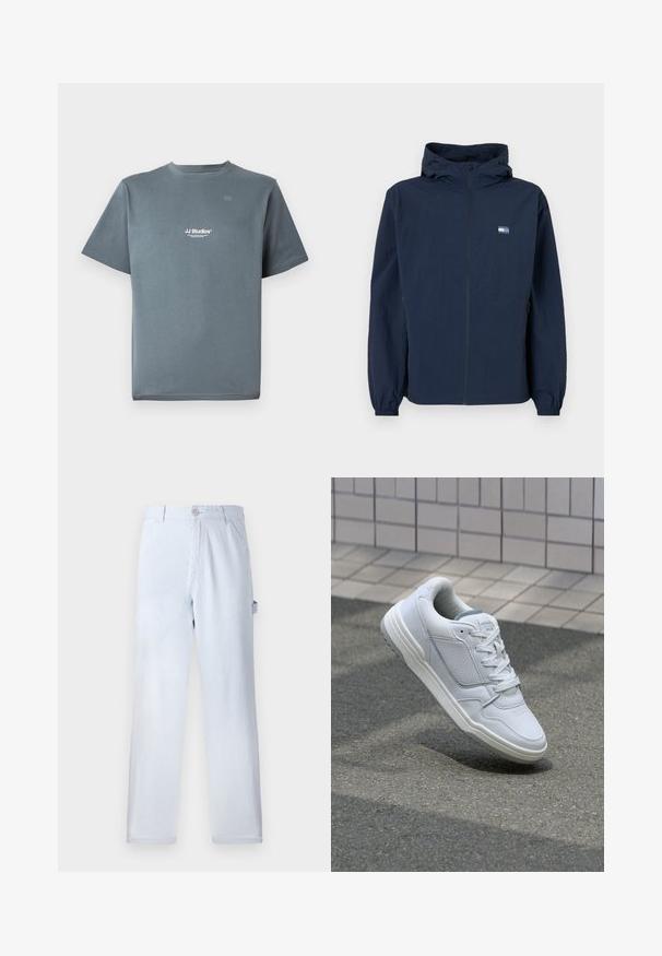 Tummansininen huppari, jossa on edessä vetoketju, elastiset hihansuut, sivutaskut ja pieni suorakulmainen logo vasemmassa rinnassa.; Harmaa puuvillapaita, jossa on pyöreä kaula-aukko, lyhyet hihat ja pieni valkoinen "JJ Studios" -logo rinnassa. Sileä pinta ja rento istuvuus.; Vaaleansinisiä raidallisia housuja, jotka on valmistettu puuvillasta. Suora lahjemuotoilu, jossa on etunappi ja sivutaskut. Pehmeä pinta.; Valkoinen nahkakengät, joissa on rei'itetyt sivut, teksturoituja yksityiskohtia, tasaiset nauhat ja erottuva harmaa kanta. Varrella on hieman kohotettu pohja.