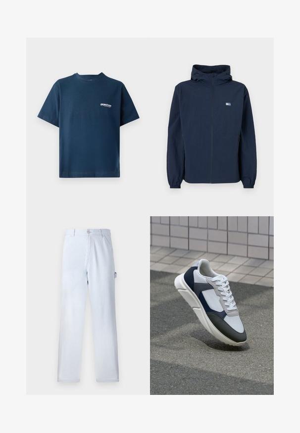 Navy blue hooded jacket with front zipper, elastic cuffs, side pockets, and small rectangular logo on left chest.; Navy blue cotton t-shirt with short sleeves and a round neckline. Features a small white logo on the left chest area. Soft texture.; Light blue striped trousers made of cotton. Straight-leg design, featuring a front button closure and side pockets. Soft texture.; White, navy, and gray sneaker with a mixed material design, featuring a textured upper, flat laces, and a cushioned sole.