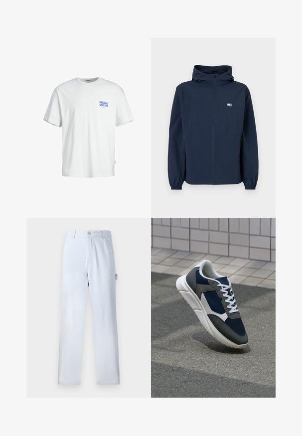 Jachetă cu glugă de culoare albastru închis, cu fermoar frontal, manșete elastice, buzunare laterale și un mic logo dreptunghiular pe partea stângă a pieptului.; Tricou alb din bumbac cu o croială lejeră, are inscripția albastră "ORIGINALS SINCE 1990" pe partea stângă a pieptului și o etichetă țesută pe lateral.; Pantaloni de bumbac raiati de culoare bleu deschis. Design cu picioare drepte, dotati cu un închidere frontală cu nasture și buzunare laterale. Textură moale.; Adidași cu un uppers din plasă albastră închisă, accente din suede gri, talpă din cauciuc alb și șireturi plate albe, concepuți pentru confort și respirabilitate.