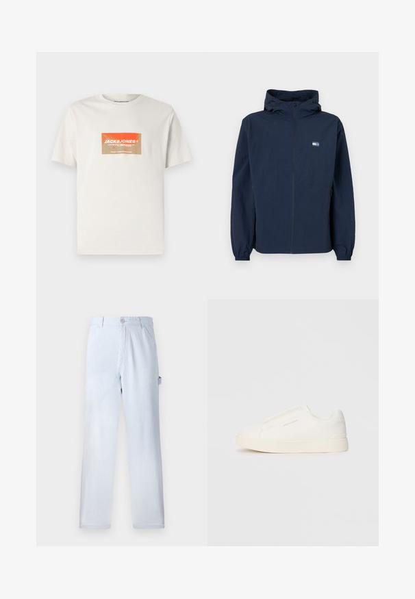 Mornarsko modra jakna s kapuco, sprednjim zadrgo, elastičnimi manšetami, stranskimi žepi in majhnim pravokotnim logotipom na levem prsnem delu.; Bombažna majica v svetlo bež barvi z pravokotnim oranžno-kremnim logotipom, ki vsebuje besedilo "JACK&JONES". Kratke rokave, okroglo izrezano ovratnik.; Svetlo modri prugasti hlače iz bombaža. Oblika naravnost nogavic, z sprednjo zaponko in stranskimi žepi. Mehka tekstura.; Bele zapete brez vezalk z teksturirano površino, debelim podplatom in minimalističnim dizajnom. Na strani se nahaja logotip blagovne znamke.