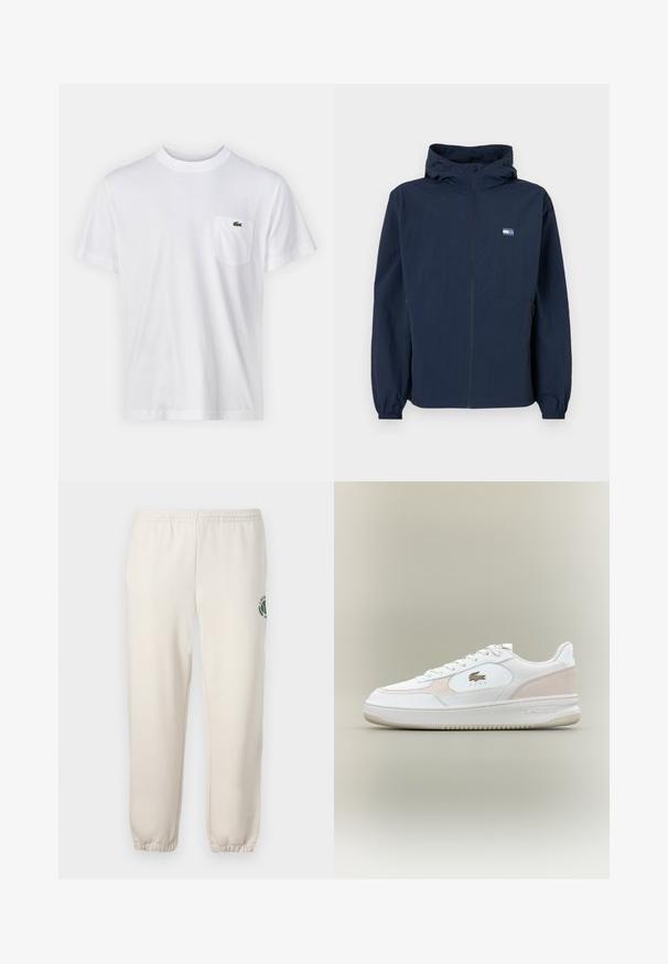Navy blue hooded jacket with front zipper, elastic cuffs, side pockets, and small rectangular logo on left chest.; White cotton t-shirt with a round neckline and short sleeves. Features a left chest pocket and a small green Lacoste logo.; Light beige sweatpants made of cotton, featuring an elastic waistband, ribbed cuffs, and a green logo with leaf design on the left leg.; White sneakers with smooth leather upper, suede accents, and rubber sole. Features embossed logo and lace-up design. Minimalist aesthetic.
