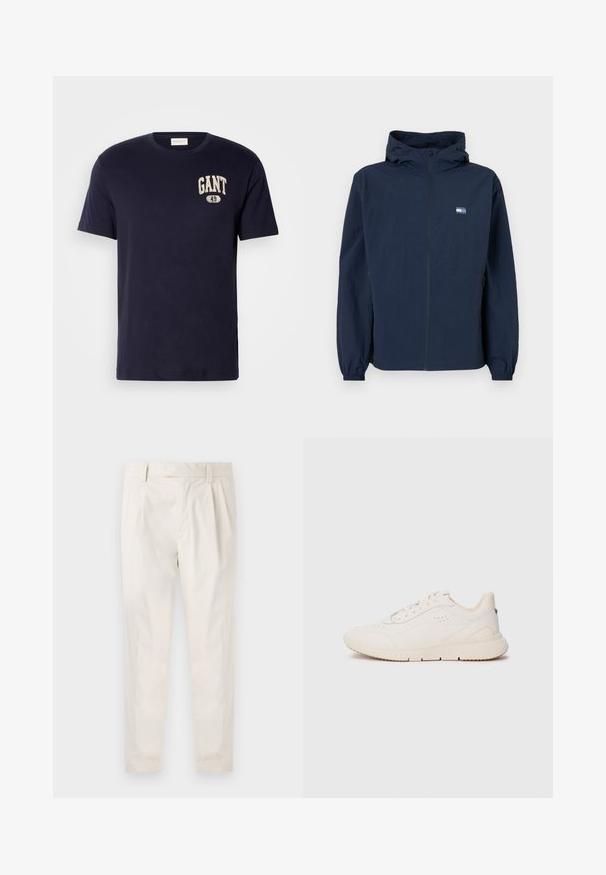Tumesinine kapuutsiga jakk, millel on ees lukuga kinnitus, elastsed mansetid, küljetaskud ja väike ristkülikukujuline logo vasakul rinnal.; Tumesinine puuvillane särk lühikeste varrukatega, ümmarguse kaelusega ning kirstapinnal trükitud "GANT 49" logo koorevärviga.; Valged volditud püksid, mis on kohandatud sobivusega, sujuva tekstuuriga, vööloopidega ja kitsenevate jalgadega. Pole nähtavaid taskuid ega mustreid.; Valge tennis shoe, mis on valmistatud tekstuurilisest materjalist, sujuva tallaga, paelaga kinni seotud esiosas ja diskreetse brändingu ning jalatalla peal. Minimalistlik disain.