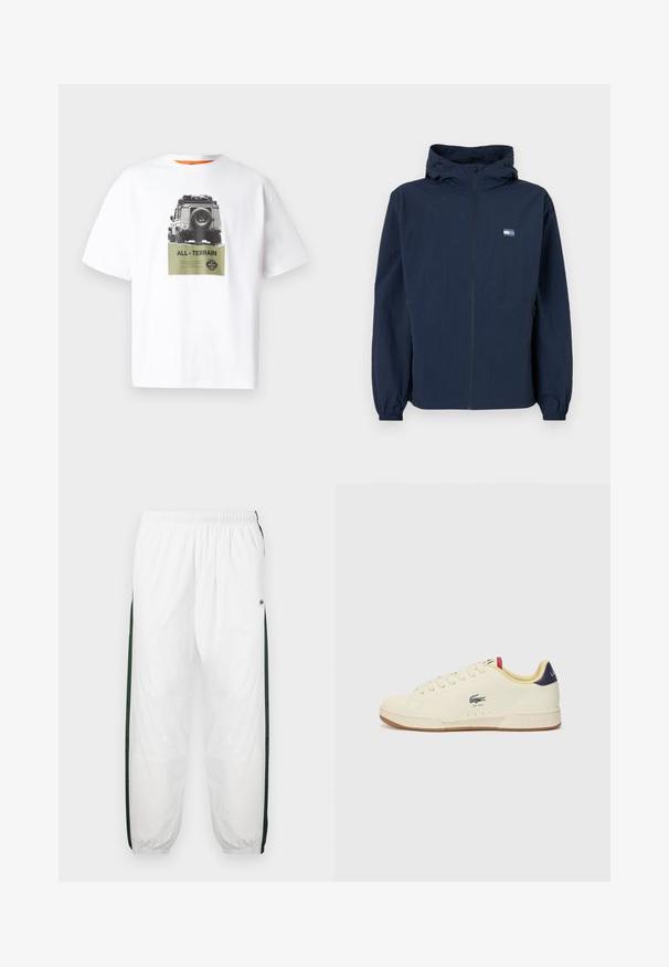 Námořnický modrý kabriolet s předním zipem, elastickými manžetami, postranními kapsami a malým obdélníkovým logem na levém prsu.; Bílá bavlněná tričko s grafikou vozidla a textem "VŠESTRANNÝ" v zelené barvě, s černobílým designem. Oranžový vnitřní límeček.; Bílé tepláky s tmavě zelenými postranními panely. Lehký materiál, elastický pas a stahované lemy. Obsahují síťovanou texturu na postranních panelech.; Sněrky Lacoste z krémové kůže s texturovaným povrchem. Mají gumovou podrážku, šněrování vpředu, námořnický podpatěk a vyšitý znak.