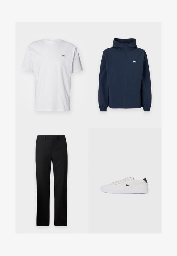 Tumesinine kapuutsiga jakk, millel on ees lukuga kinnitus, elastsed mansetid, küljetaskud ja väike ristkülikukujuline logo vasakul rinnal.; Valge puuvillane T-särk, millel on ümmargune kaelus, lühikesed varrukad ja rinnal väike roheline tikandlogoga. Klassikaline sirge lõige.; Mustad püksid sirge säärega, valmistatud siledast kangast. Omadusteks on tasane esipind ja keskmise kõrgusega vööpais.; Valge nahast tenniseking ümara ninaga, lukkude ja musta kontsa aktsendiga. Külgedel on väike broderi krokodilli logo.