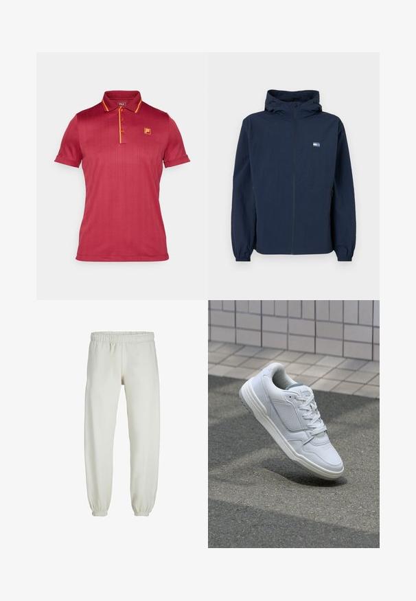Námornícky modrá mikina s kapucňou, so zipsom na prednej strane, elastickými manžetami, bočnými vreckami a malým obdĺžnikovým logom na ľavej hrudi.; Červená polo košela s krátkymi rukávmi, vertikálny ryhovaný vzor, žlté akcenty na golieri a gombíkoch a malé logo na hrudi.; Biele teplákové nohavice vyrobené z mäkkej textílie, s elastickým pásom a manžetami, s hladkým povrchom a voľným strihom.; Biele kožené tenisky s perforovanými stranami, textúrovanými akcentmi, plochými šnúrkami a kontrastnou sivou pätou. Majú mierne zvýšenú podrážku.