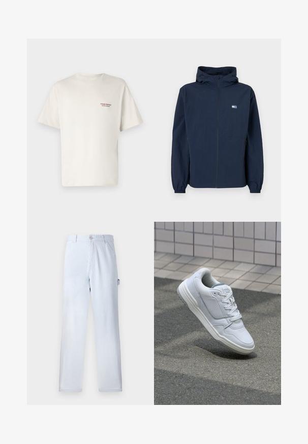 Donkerblauwe hoodie met rits aan de voorkant, elastische manchetten, zijzakken en een klein rechthoekig logo op de linkerkant van de borst.; Crème-kleurig katoenen t-shirt met korte mouwen, voorzien van een klein, rood gedrukt logo op de linkerborst. Eenvoudig, klassiek ontwerp.; Lichtblauwe gestreepte broek van katoen. Rechtaf hangend ontwerp, met een voorknopsluiting en zijzakken. Zachte textuur.; Witte lederen sneaker met geperforeerde zijkanten, gestructureerde accenten, platte veters en een contrasterende grijze hiel. Voorzien van een iets verhoogde zool.