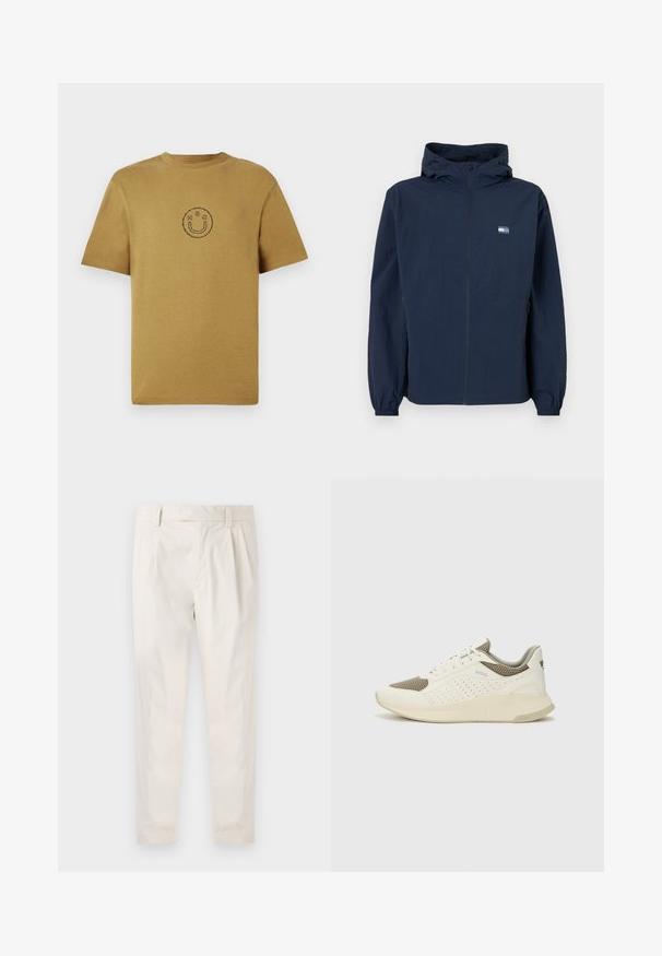Tums zilā kapuce ar priekšējo rāvējslēdzēju, elastīgām piedurknēm, sānu kabatām un mazu taisnstūra logo kreisajā krūtī.; Kratkām piedurknēm dzeltenbrūnas kokvilnas T-krekls ar apaļu kakla izgriezumu. Centrā ir vienkāršs melns smaidiņš. Gluda tekstūra.; Baltas, pleitēts bikses ar piegriezumu, kas pielāgots figūrai, ar gludu tekstūru, jostas cilpām un sašaurinātiem galiem. Nav redzamu kabatu vai rakstu.; Baltas un gaiši bež sporta apavi, ar sieta augšdaļu, perforētiem detaļām un teksturētu vidusdaļu ar zīmolu uz papēža.