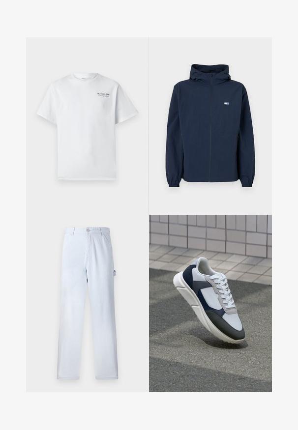 Jachetă cu glugă de culoare albastru închis, cu fermoar frontal, manșete elastice, buzunare laterale și un mic logo dreptunghiular pe partea stângă a pieptului.; Tricou alb din bumbac cu mâneci scurte, guler rotund, având un mic logo din text negru "J&J since 1990 Society Club" pe piept.; Pantaloni de bumbac raiati de culoare bleu deschis. Design cu picioare drepte, dotati cu un închidere frontală cu nasture și buzunare laterale. Textură moale.; Tenisi albi, bleumarin și gri, cu un design din materiale mixte, având un superior texturat, șireturi plate și o talpă căptușită.