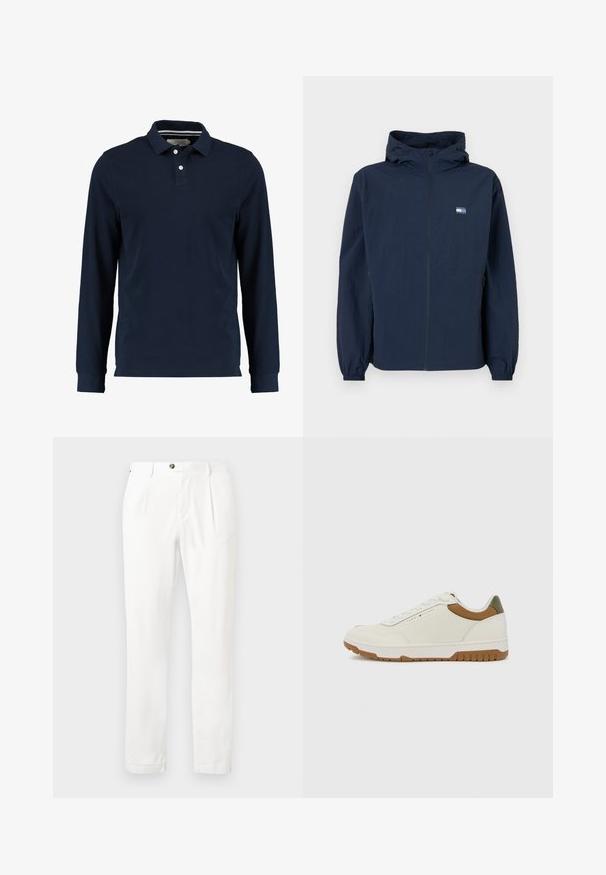 Casaco com capuz azul-marinho, com fecho à frente, punhos elásticos, bolsos laterais e um pequeno logótipo retangular no lado esquerdo do peito.; Polo de manga longa na cor azul marinho, feito de algodão, com colarinho clássico, patilha de dois botões e textura suave.; Calças brancas com frente lisa, duas pregas e fecho com botão. Feitas de tecido leve, com pernas retas e bainhas viradas.; Tommy Hilfiger BASKET CORE - Sapatilhas - ecru/army green