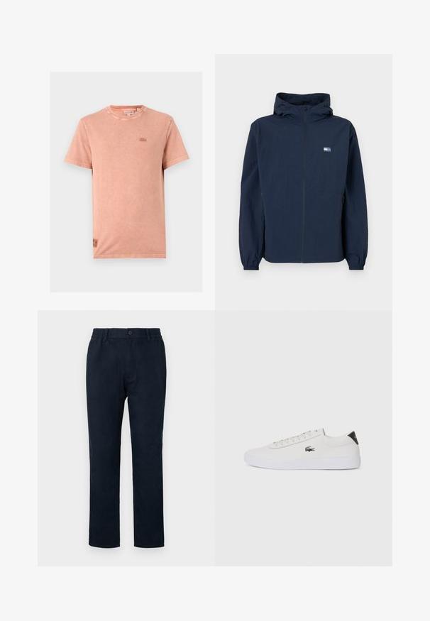 Chaqueta con capucha de color azul marino, con cremallera frontal, puños elásticos, bolsillos laterales y un pequeño logotipo rectangular en el lado izquierdo del pecho.; Camiseta de algodón color rosa claro con cuello redondo, mangas cortas y logo bordado en el pecho. Presenta una textura suave y un corte relajado.; Chinos navy con cintura elástica, cierre frontal de botón y diseño de pierna recta. Textura suave sin patrones visibles.; Zapatilla de cuero blanca con punta redonda, parte frontal con cordones y acento negro en el talón. Presenta un pequeño logo de cocodrilo bordado en el lateral.