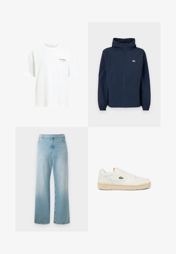 Tums zilā kapuce ar priekšējo rāvējslēdzēju, elastīgām piedurknēm, sānu kabatām un mazu taisnstūra logo kreisajā krūtī.; Balts kokvilnas T-krekls ar brīvu piegriezumu, apaļu kakla izgriezumu un kreisajā krūtī pelēka teksta logo. Gluda tekstūra, īsas piedurknes.; Gaiši zili plaša piegriezuma džinsi, izgatavoti no denima. Ar augstu jostasvietu, priekšējām kabatām un tīru apakšmali. Mīksta tekstūra ar izbalējušu apdari.; Baltas ādas sporta apavi ar beisbola zoli, apaļajām šņorēm, izšūtu zaļu krokodila logotipu un oranžu akcentu uz mēlītes.